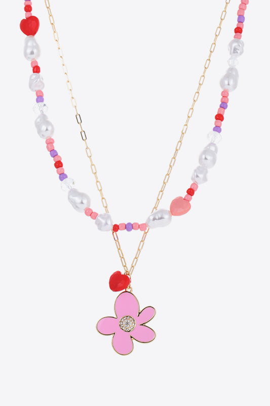 Flower and Heart Pendant Layered Necklace  Necklaces- Doll Fits