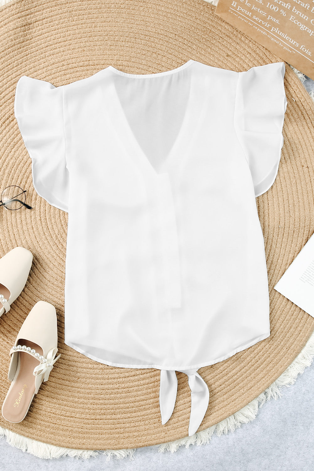 V-Neck Tie Hem Flutter Sleeve Blouse  Shirts & Tops- Doll Fits