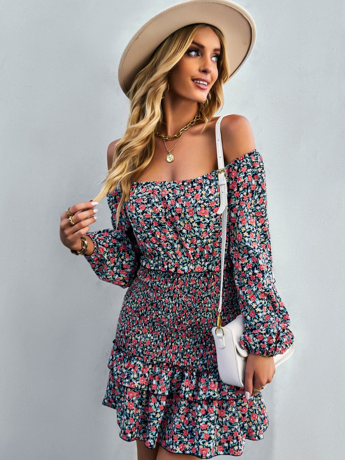 Floral Smocked Off-Shoulder Ruffled Dress  Dresses- Doll Fits