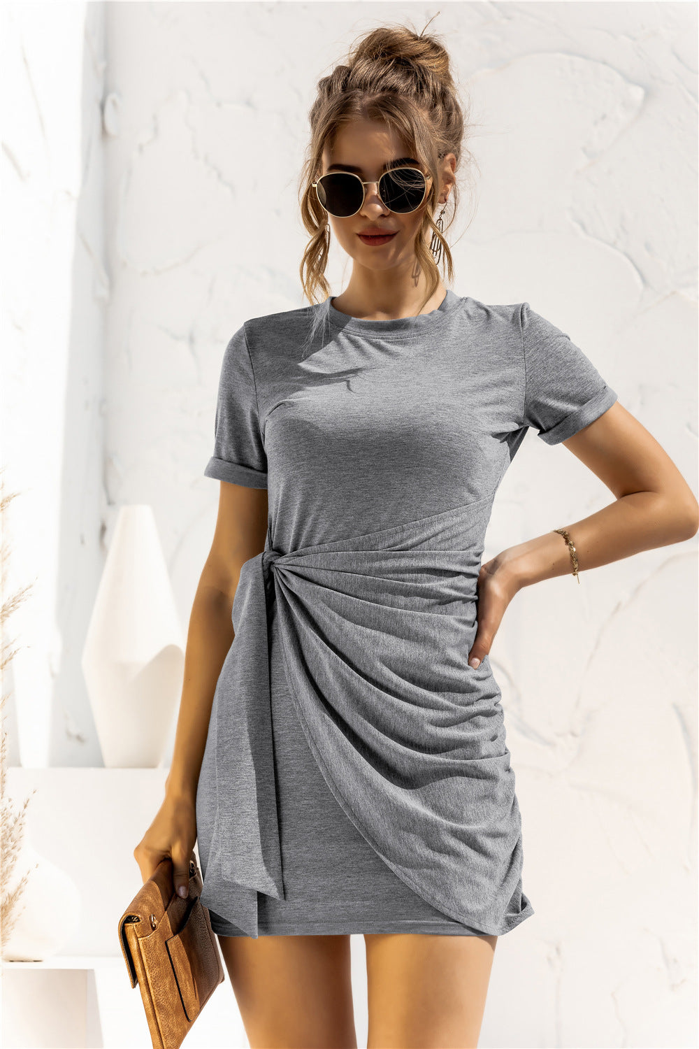 Round Neck Cuffed Sleeve Side Tie Dress  Dresses- Doll Fits