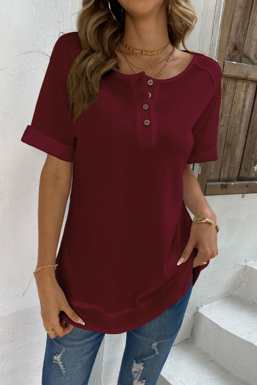Cuffed Sleeve Henley Top  Shirts & Tops- Doll Fits