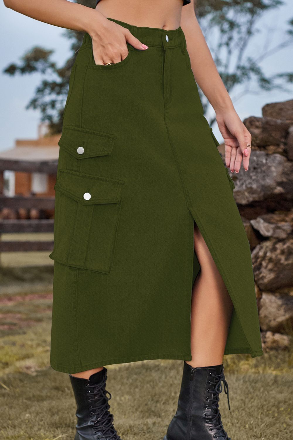 Slit Front Midi Denim Skirt with Pockets  Skirts- Doll Fits
