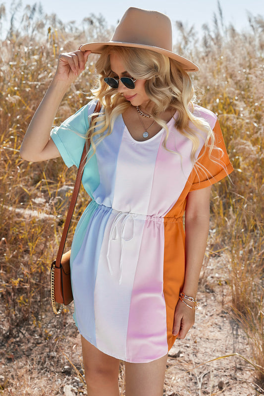 Multicolored Drawstring Waist V-Neck Dress  Dresses- Doll Fits