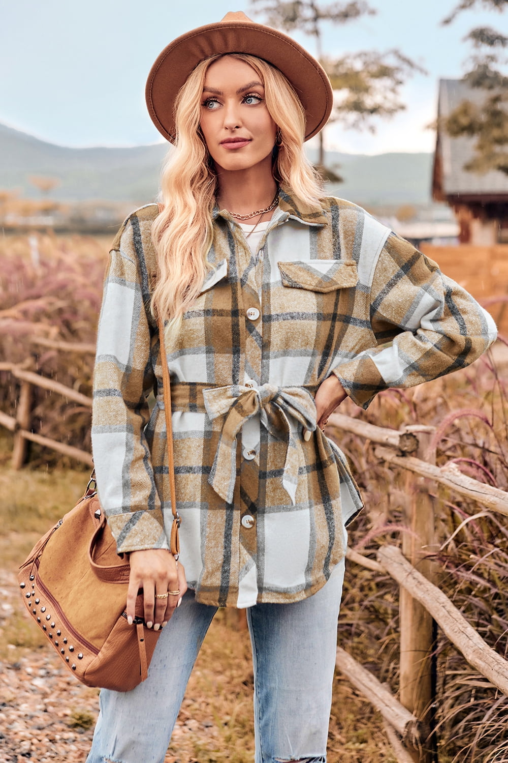 Plaid Collared Neck Bow Front Long Sleeve Jacket  - Doll Fits