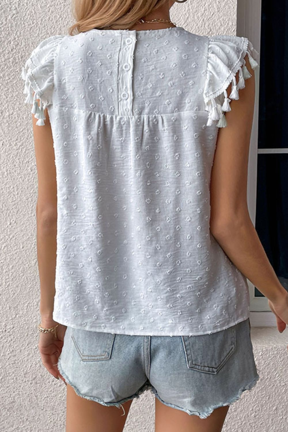 Swiss Dot Tassel Detail Round Neck Blouse  Shirts & Tops- Doll Fits