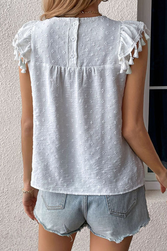 Swiss Dot Tassel Detail Round Neck Blouse  Shirts & Tops- Doll Fits