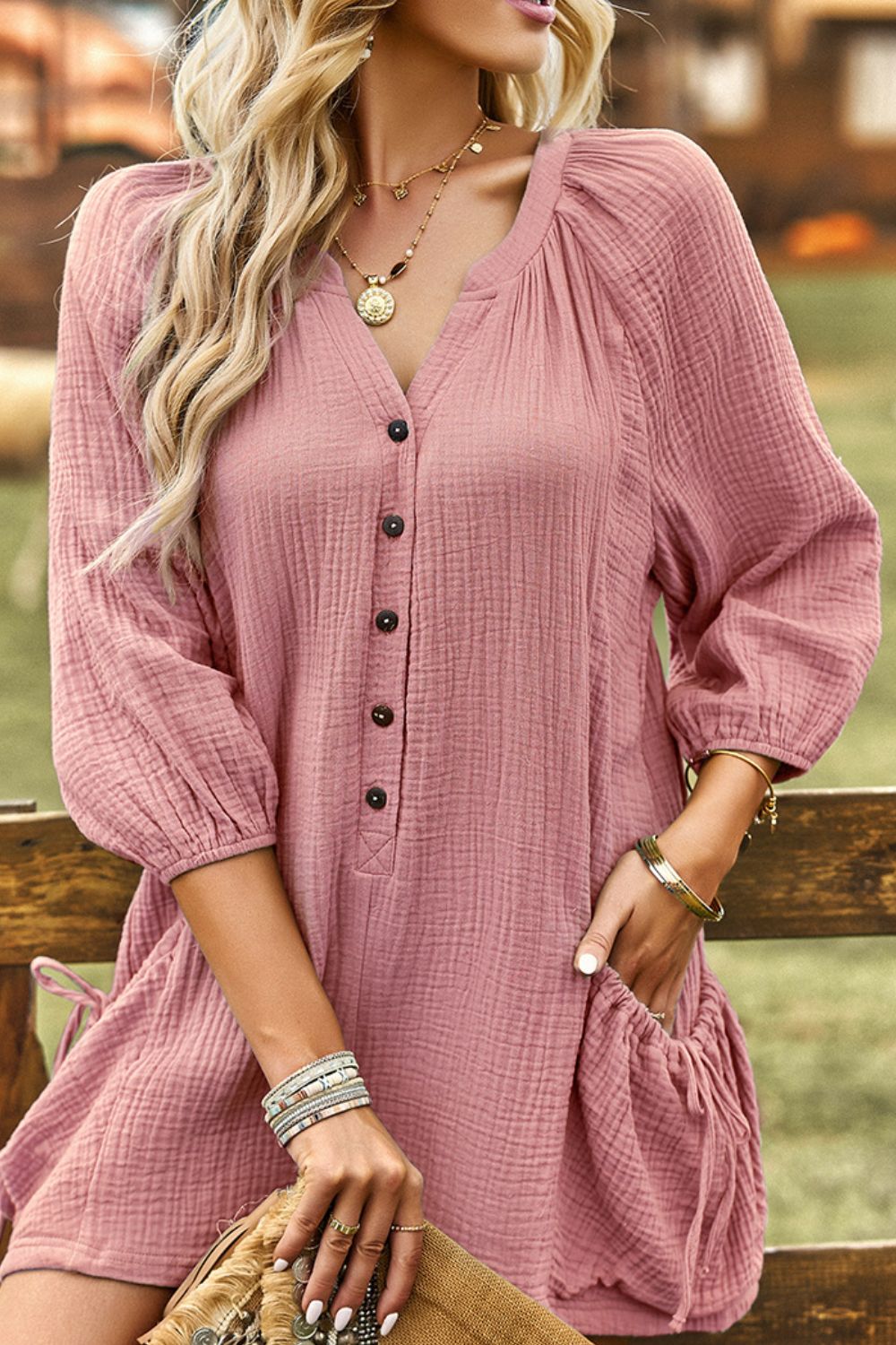 Textured Notched Neck Romper with Pockets  Jumpsuits & Rompers- Doll Fits