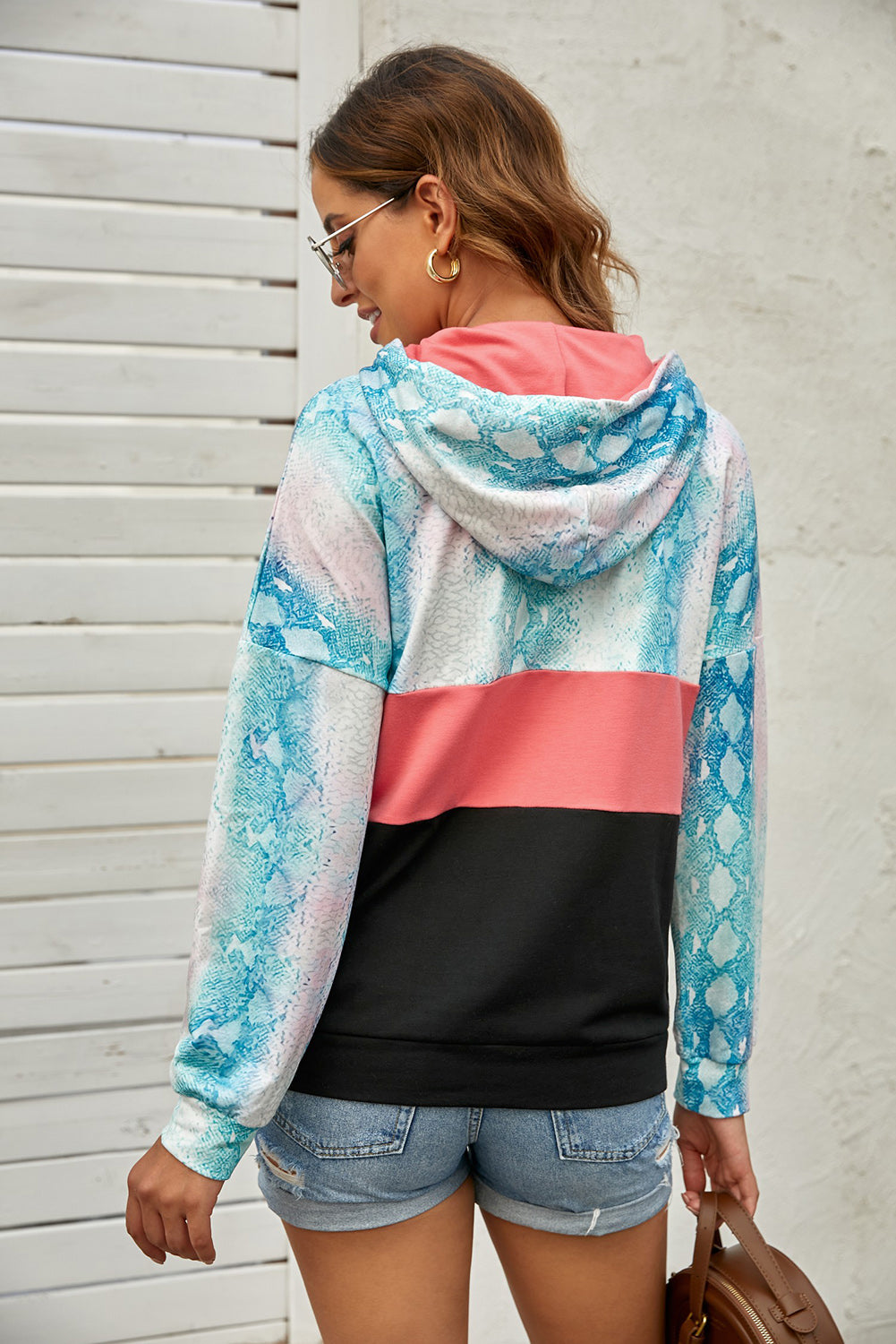 Snake Print Color Block Drawstring Detail Hoodie  Shirts & Tops- Doll Fits
