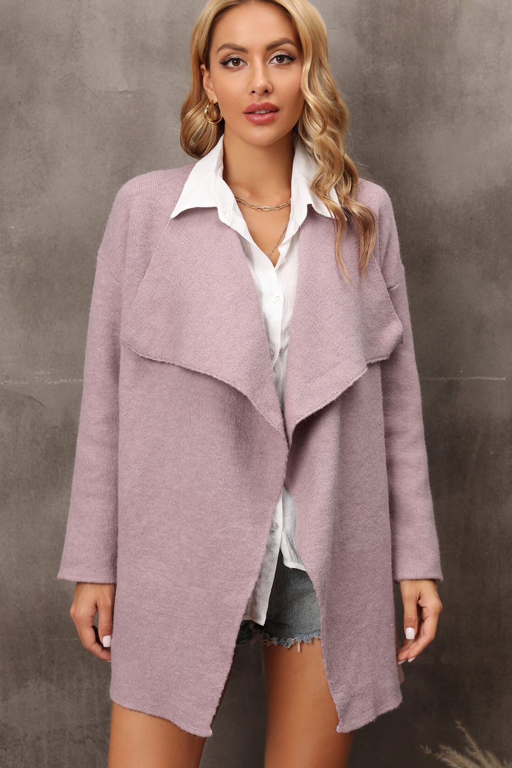 Waterfall Collar Longline Cardigan with Side Pockets  Coats & Jackets- Doll Fits