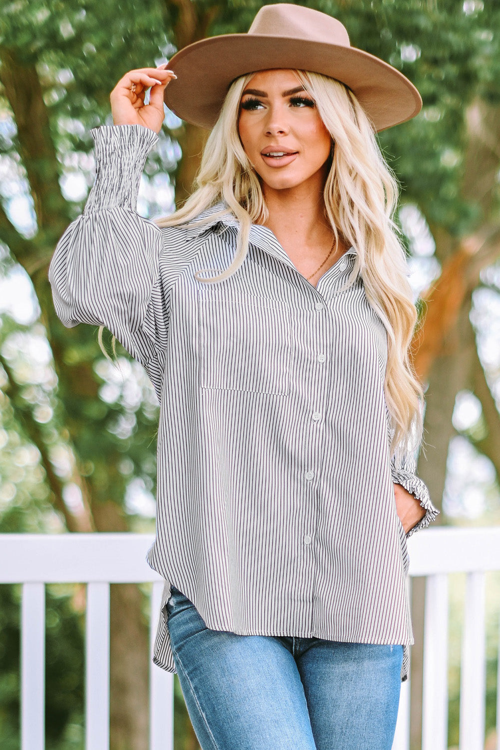 Striped Lantern Sleeve Collared Shirt  Shirts & Tops- Doll Fits