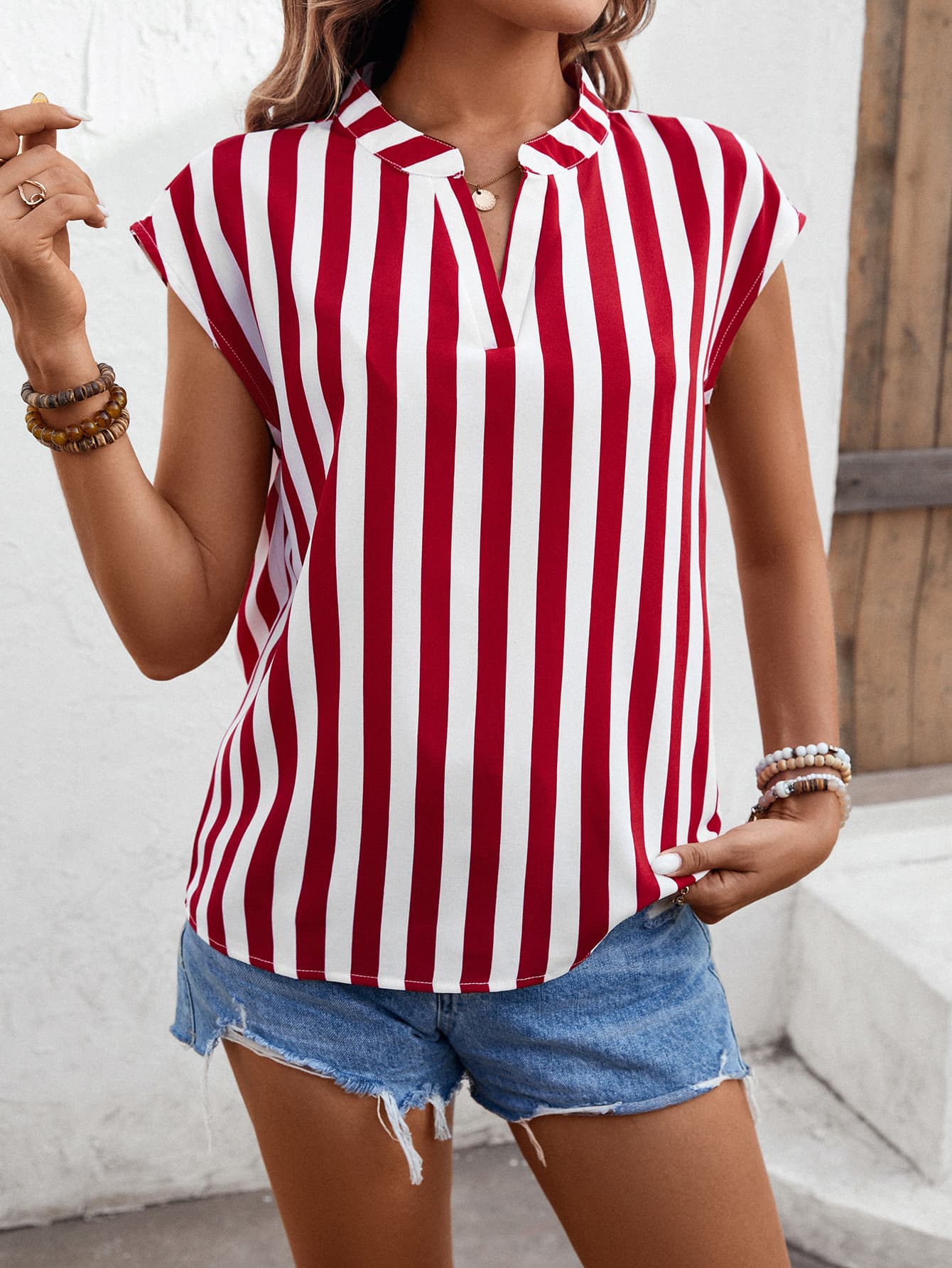 Striped Notched Neck Cap Sleeve Blouse  Shirts & Tops- Doll Fits