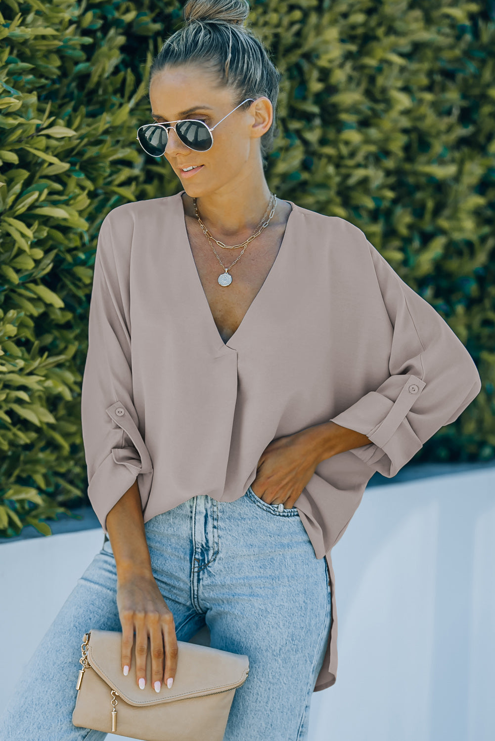 V-Neck Roll-Tab Sleeve Blouse  Shirts & Tops- Doll Fits
