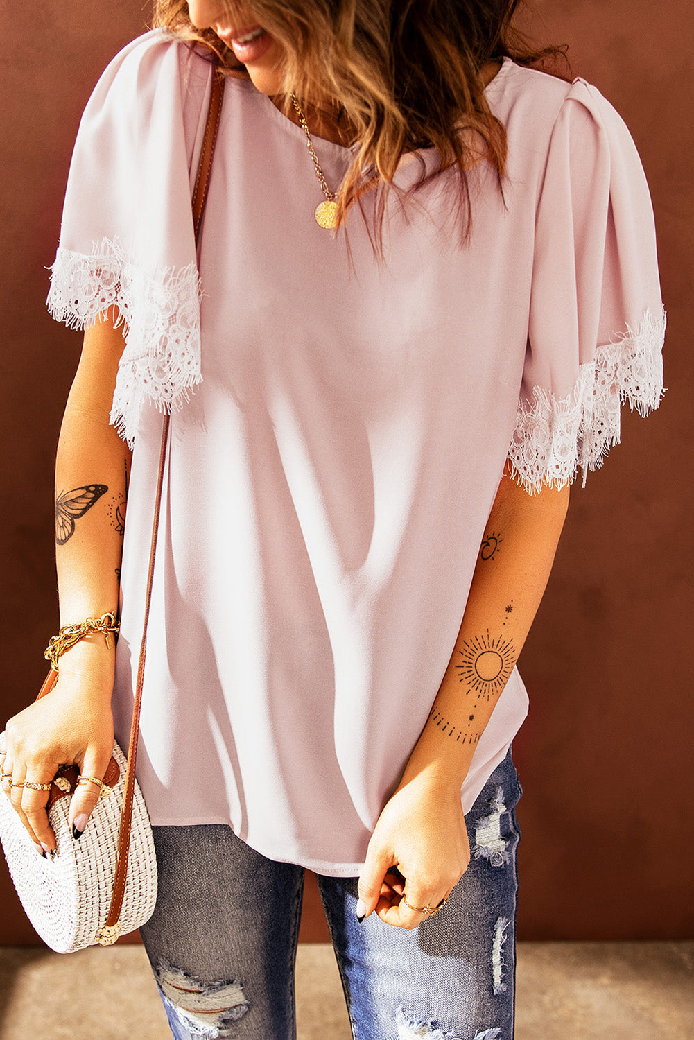 Lace Trim Flutter Sleeve Blouse  Shirts & Tops- Doll Fits
