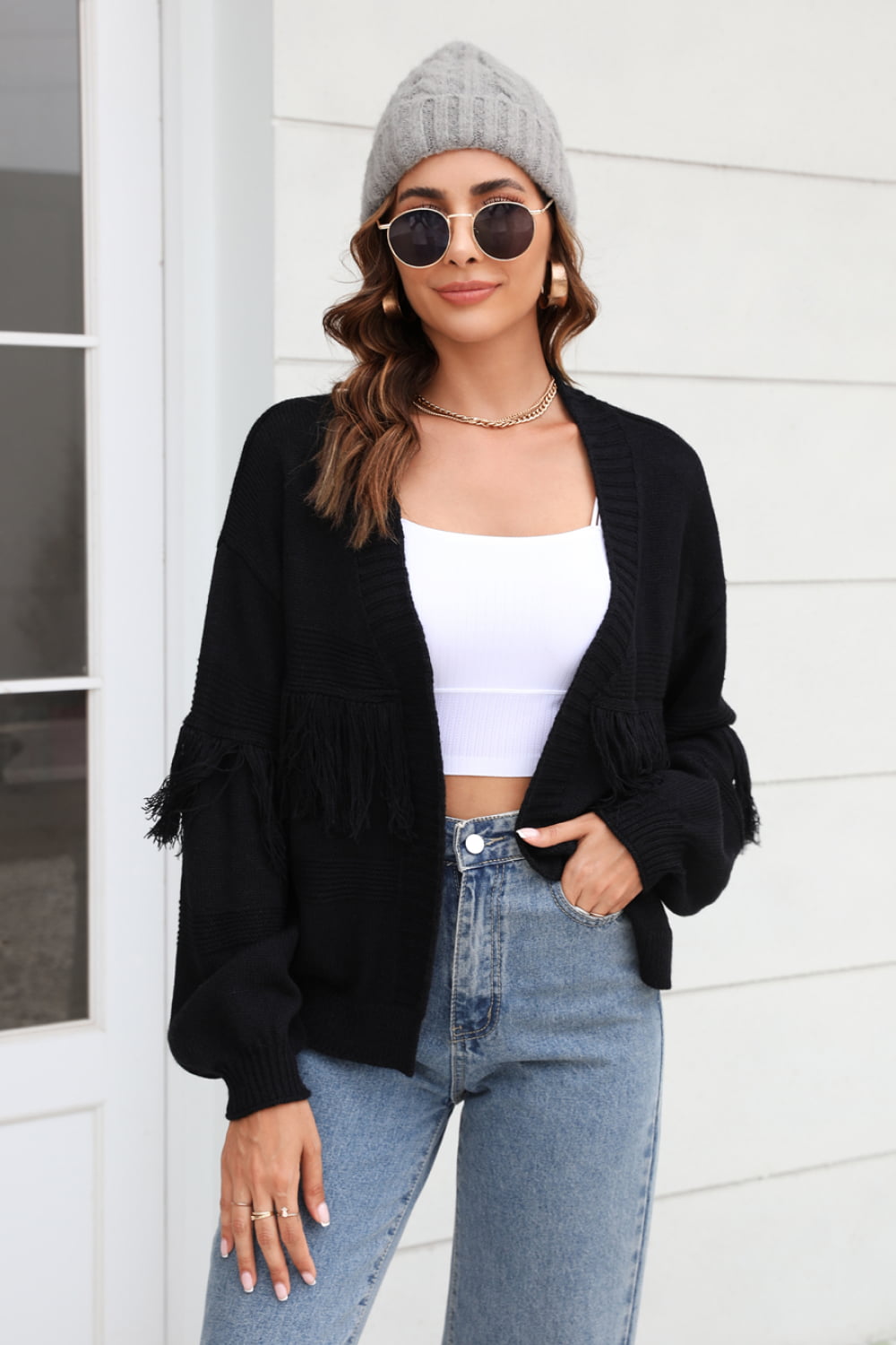 Double Take Fringe Trim Open Front Cardigan  - Doll Fits