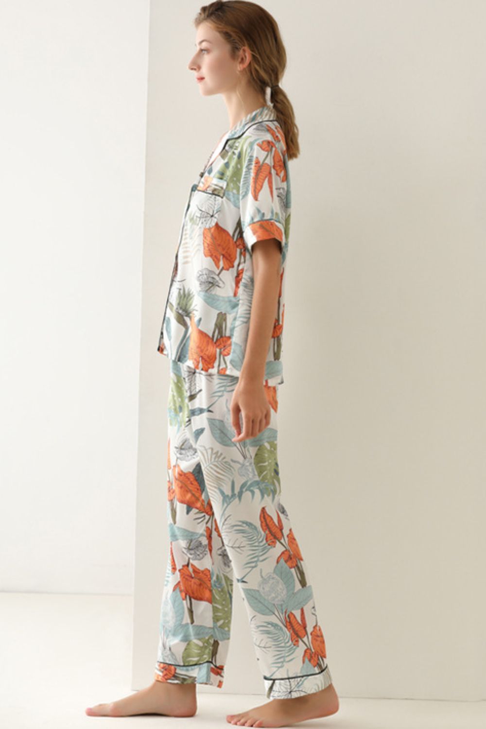 Botanical Print Button-Up Top and Pants Pajama Set  Sleepwear & Loungewear- Doll Fits