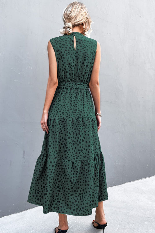 Printed Mock Neck Sleeveless Belted Tiered Dress  Dresses- Doll Fits