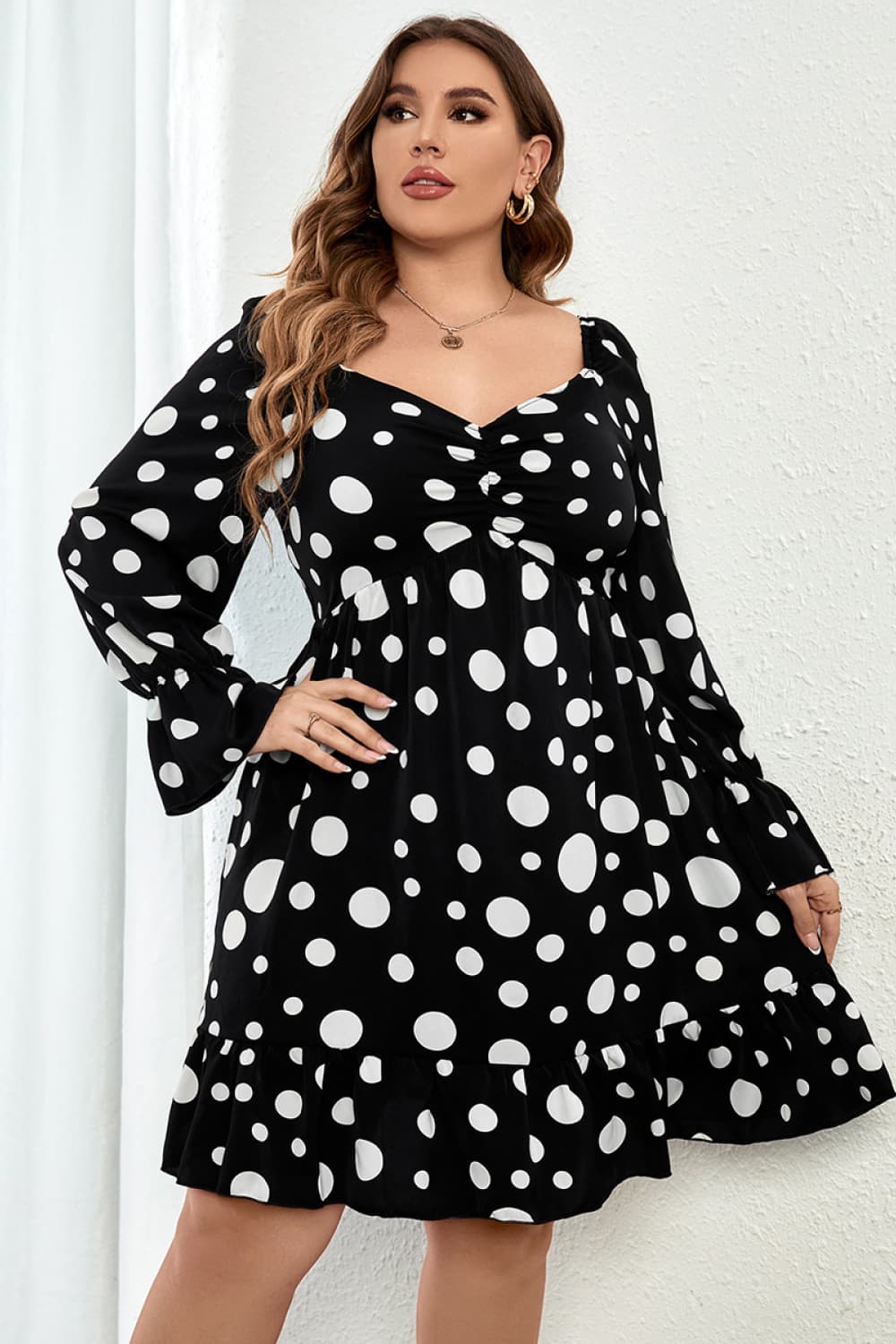 Melo Apparel Plus Size Polka Dot Sweetheart Neck Flounce Sleeve Mini Dress  Dresses- Doll Fits