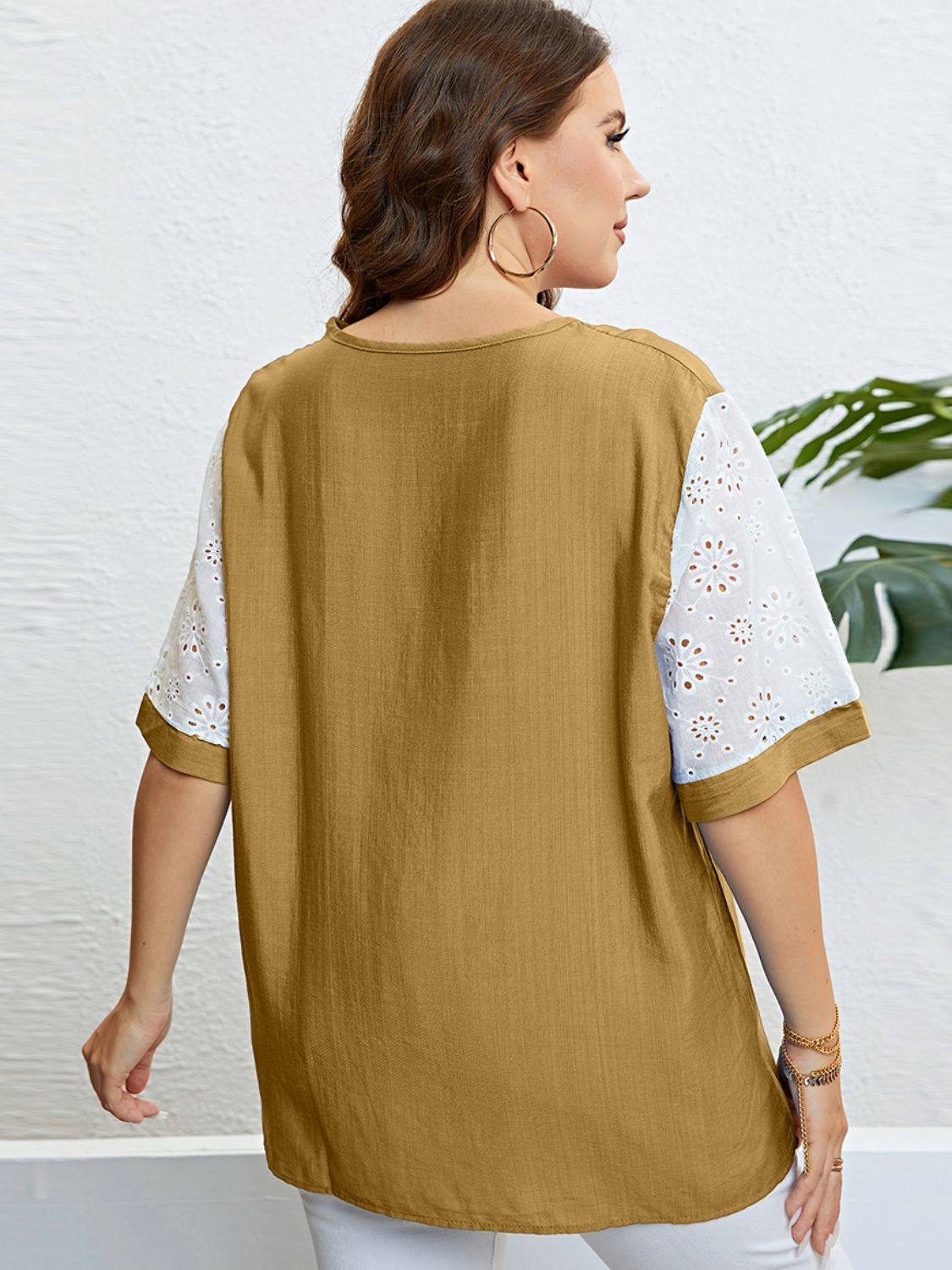 Plus Size Contrast Decorative Button Half Sleeve Top  Shirts & Tops- Doll Fits
