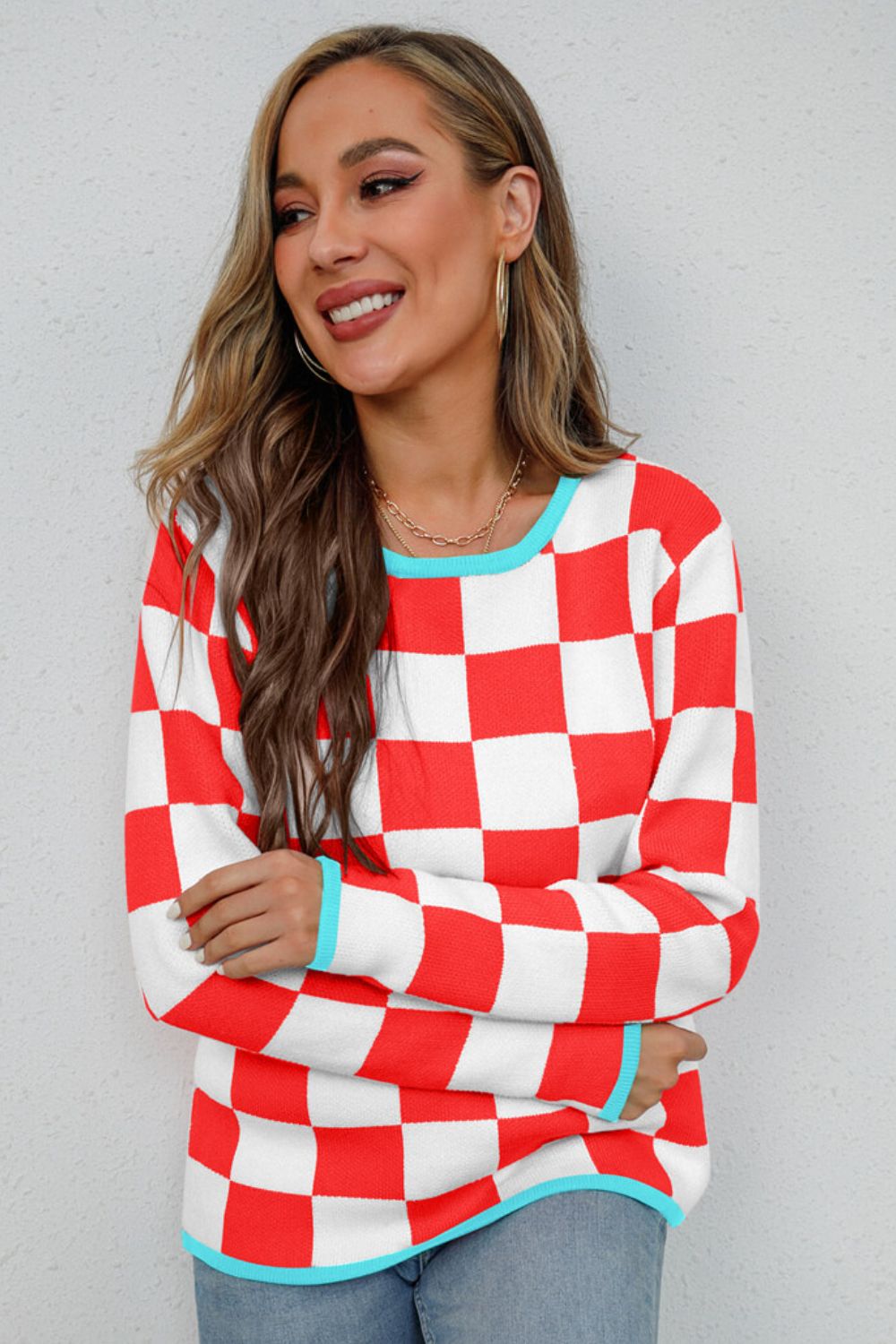 Checkered Round Neck Sweater  Shirts & Tops- Doll Fits