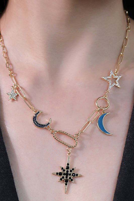 Star and Moon Rhinestone Alloy Necklace  Necklaces- Doll Fits