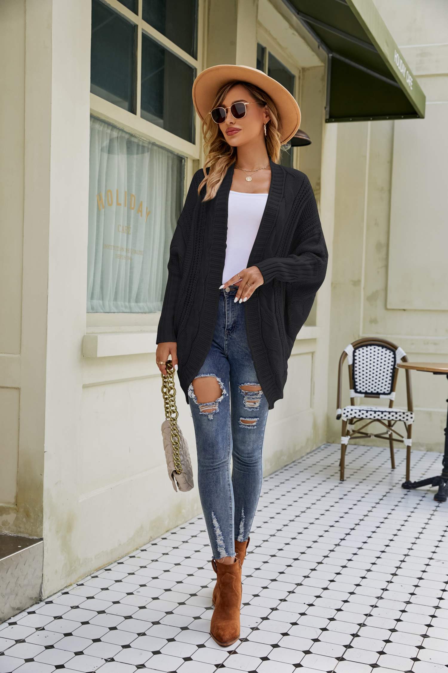 Mixed Knit Open Front Dolman Sleeve Cardigan  Coats & Jackets- Doll Fits
