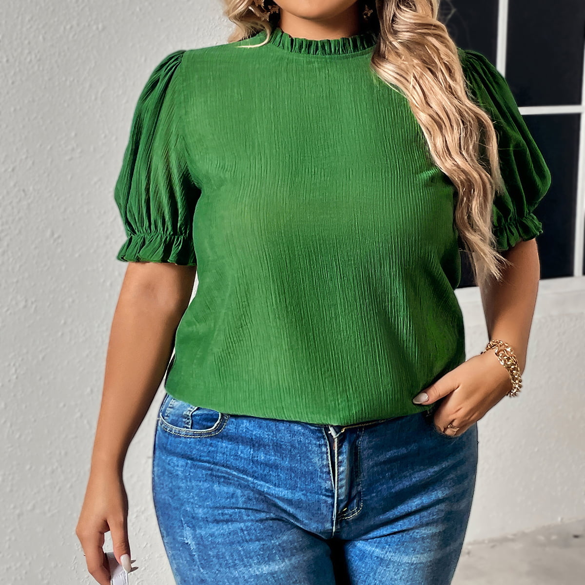 Plus Size Round Neck Flounce Sleeve Blouse  Shirts & Tops- Doll Fits