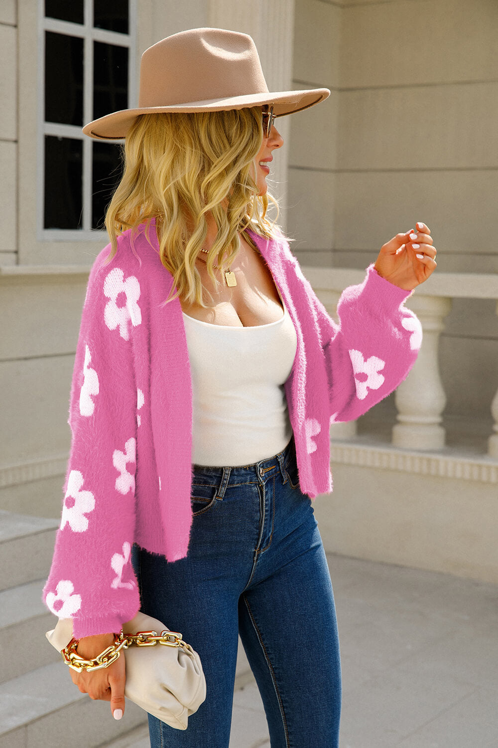 Floral Open Front Fuzzy Cardigan  Shirts & Tops- Doll Fits
