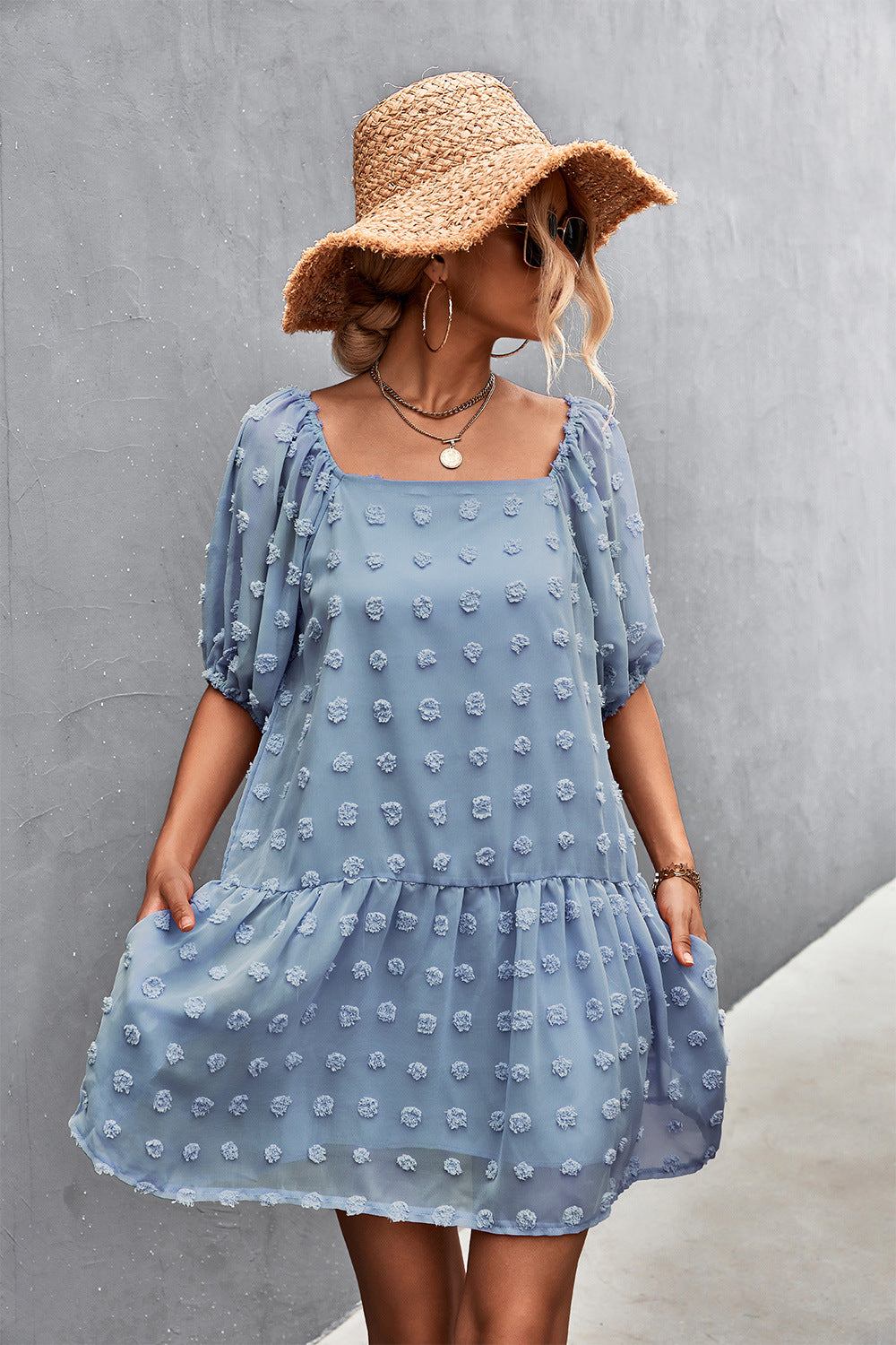 Swiss Dot Square Neck Half Balloon Sleeve Dress  Dresses- Doll Fits