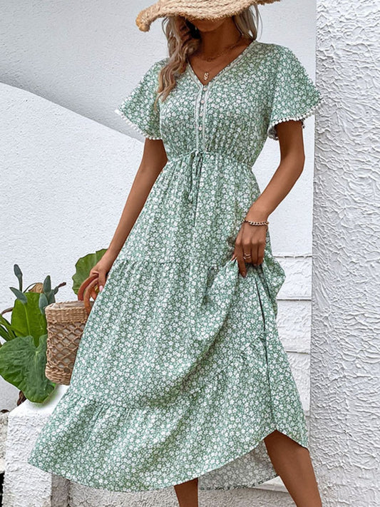 Ditsy Floral V-Neck Tiered Dress  Dresses- Doll Fits