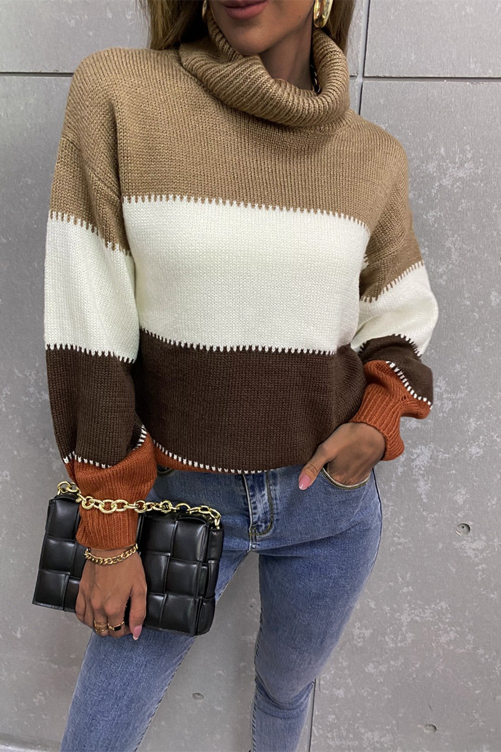 Color Block Lantern Sleeve Turtleneck Sweater  Shirts & Tops- Doll Fits