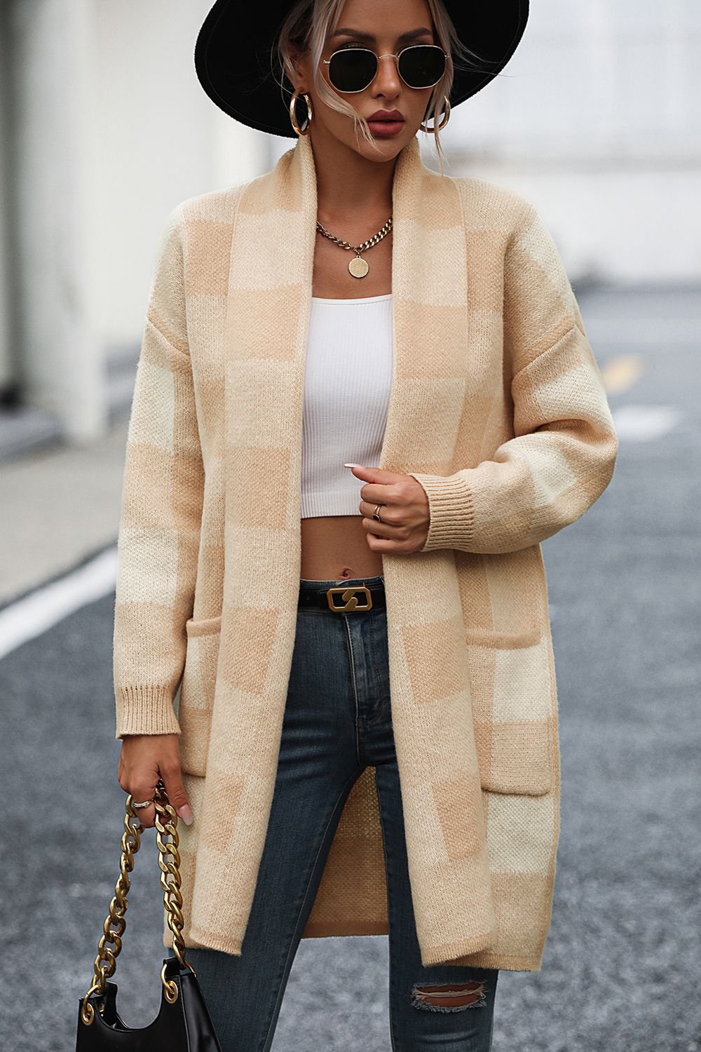 Plaid Dropped Shoulder Cardigan with Pocket  - Doll Fits