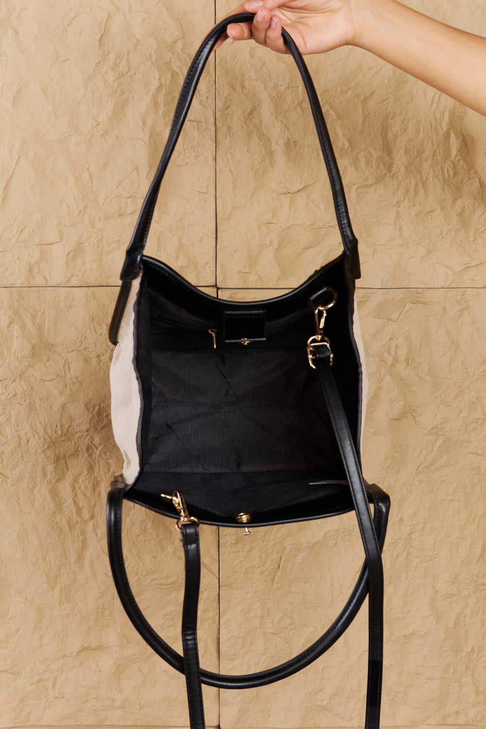 Fame Beach Chic Faux Leather Trim Tote Bag in Black  - Doll Fits