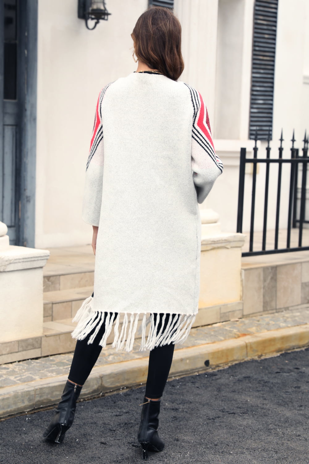 Double Take Geometric Fringe Hem Open Front Duster Cardigan  - Doll Fits