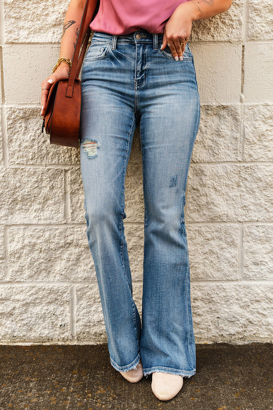 High-Rise Waist Distressed Flare Jeans  Pants- Doll Fits