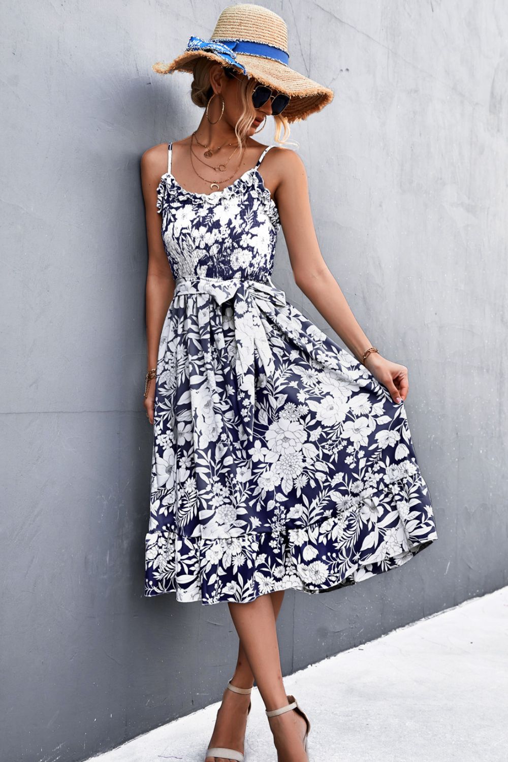 Floral Frill Trim Scoop Neck Spaghetti Strap Dress  Dresses- Doll Fits