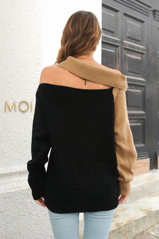 Ribbed Off-Shoulder Lantern Sleeve Pullover Sweater  - Doll Fits