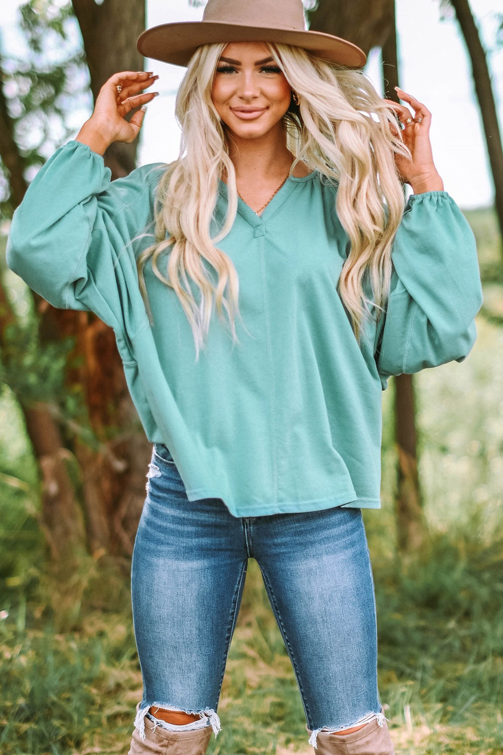 Notched Neck Balloon Sleeve Blouse  Shirts & Tops- Doll Fits