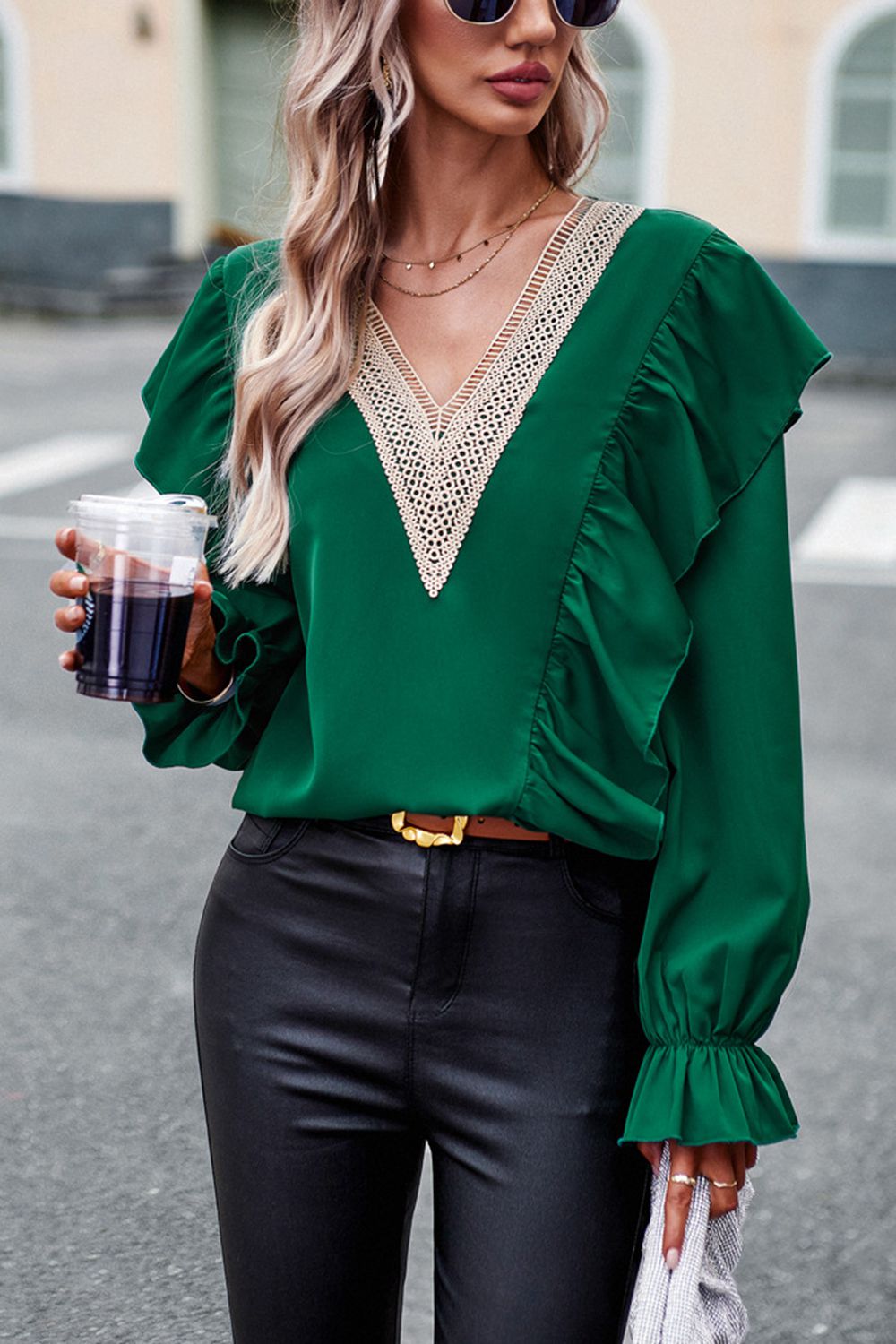 V-Neck Flounce Sleeve Ruffle Trim Blouse  - Doll Fits
