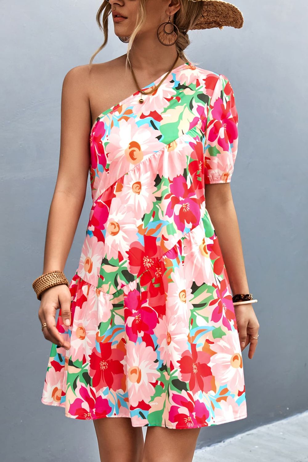 Floral One-Shoulder Puff Sleeve Dress  Dresses- Doll Fits