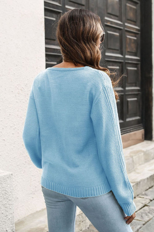 Ribbed Scoop Neck Long Sleeve Pullover Sweater  - Doll Fits