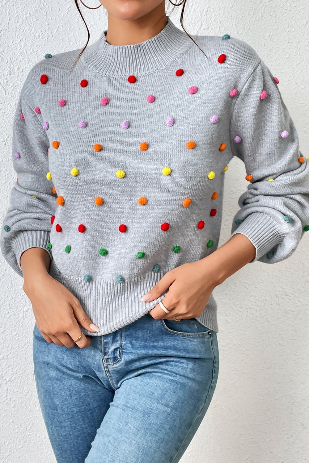Pom-Pom Trim Mock Neck Long Sleeve Pullover Sweater  - Doll Fits