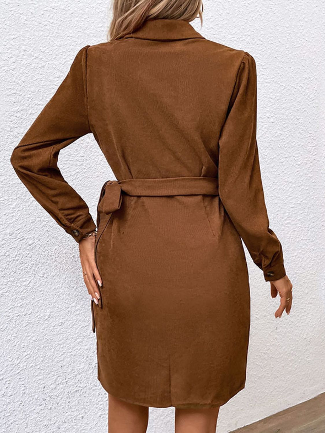 Button-Down Collared Neck Long Sleeve Side Tie Dress  Dresses- Doll Fits