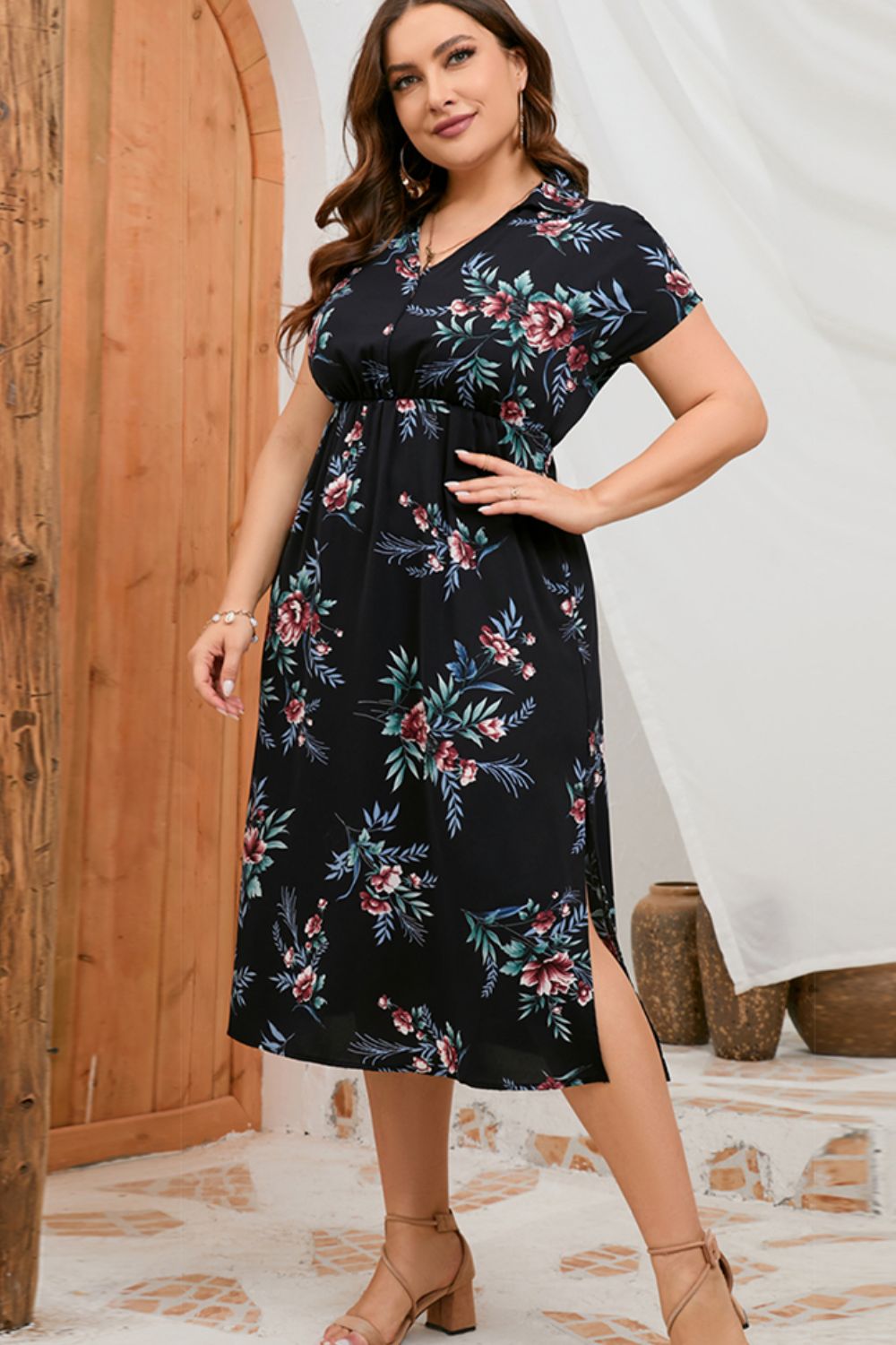 Plus Size Floral Johnny Collar Short Sleeve Dress  Dresses- Doll Fits