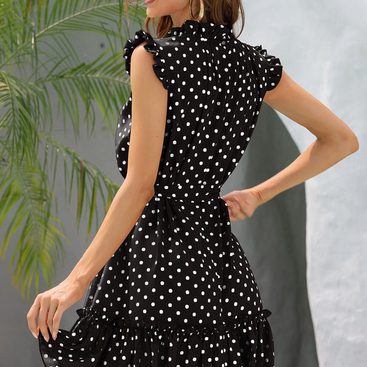 Polka Dot Mock Neck Frill Trim Mini Dress  Dresses- Doll Fits