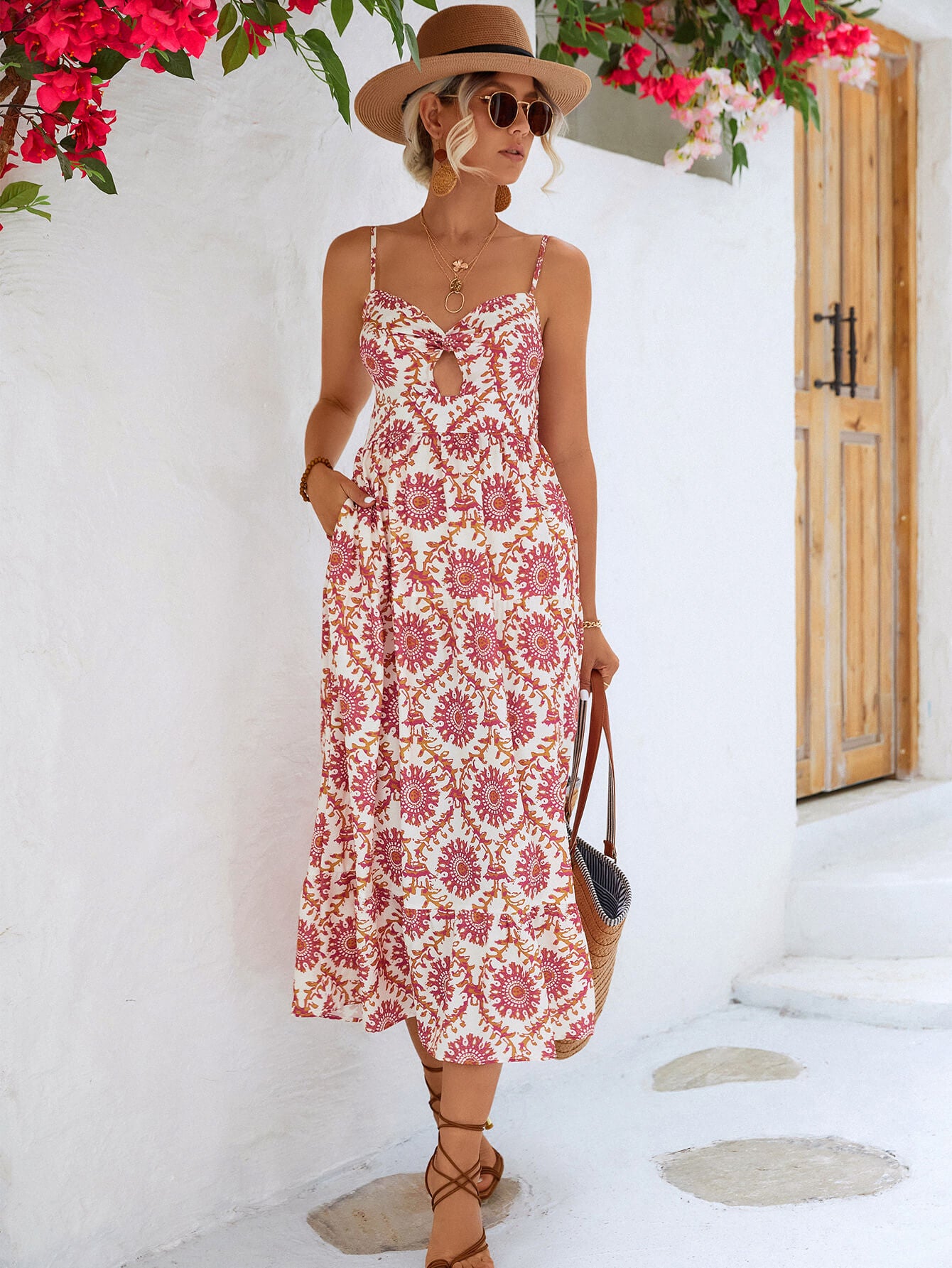 Printed Cutout Spaghetti Strap Midi Dress  Dresses- Doll Fits