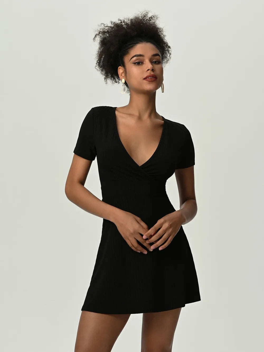 Deep V Short Sleeve Mini Dress  Dresses- Doll Fits
