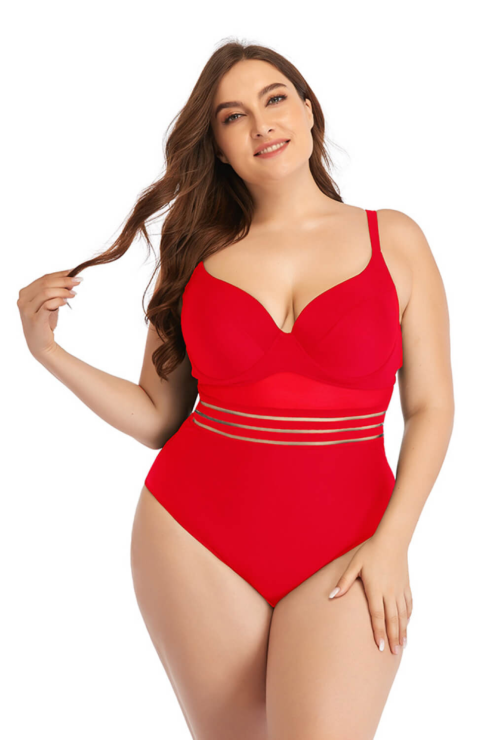 Plus Size Spliced Mesh Tie-Back One-Piece Swimsuit  Swimwear- Doll Fits