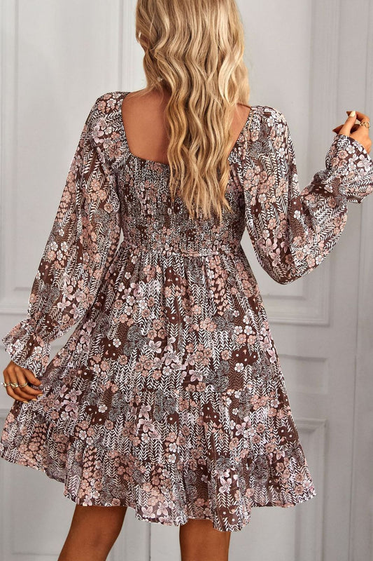 Floral Long Flounce Sleeve Square Neck Dress  Dresses- Doll Fits