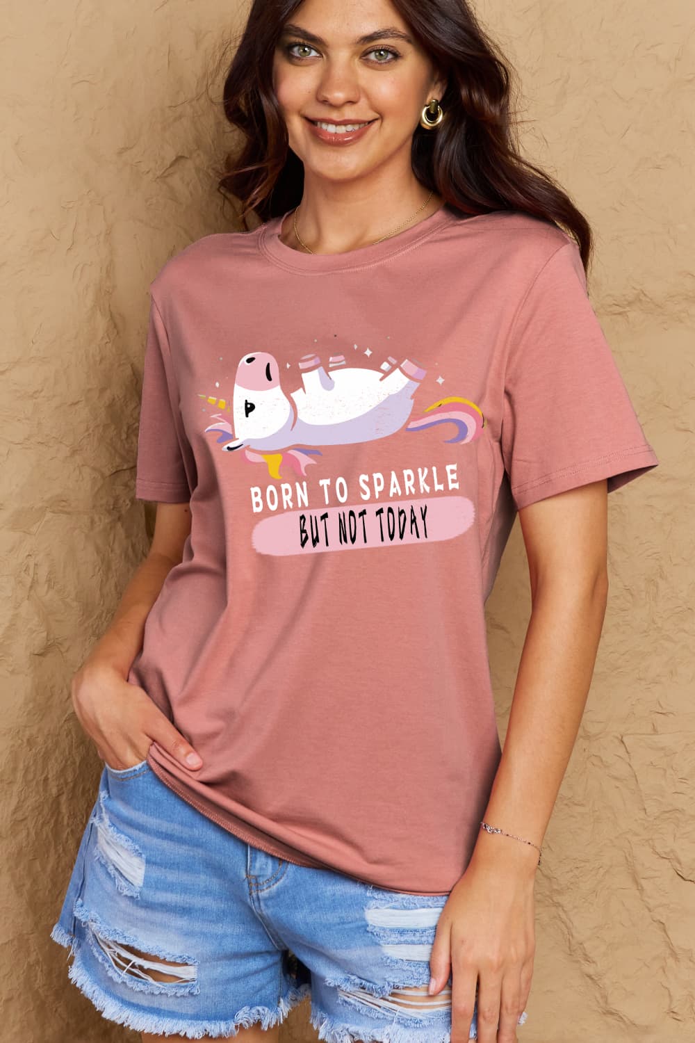 Simply Love Full Size BORN TO SPARKLE BUT NOT TODAY Graphic Cotton Tee  - Doll Fits