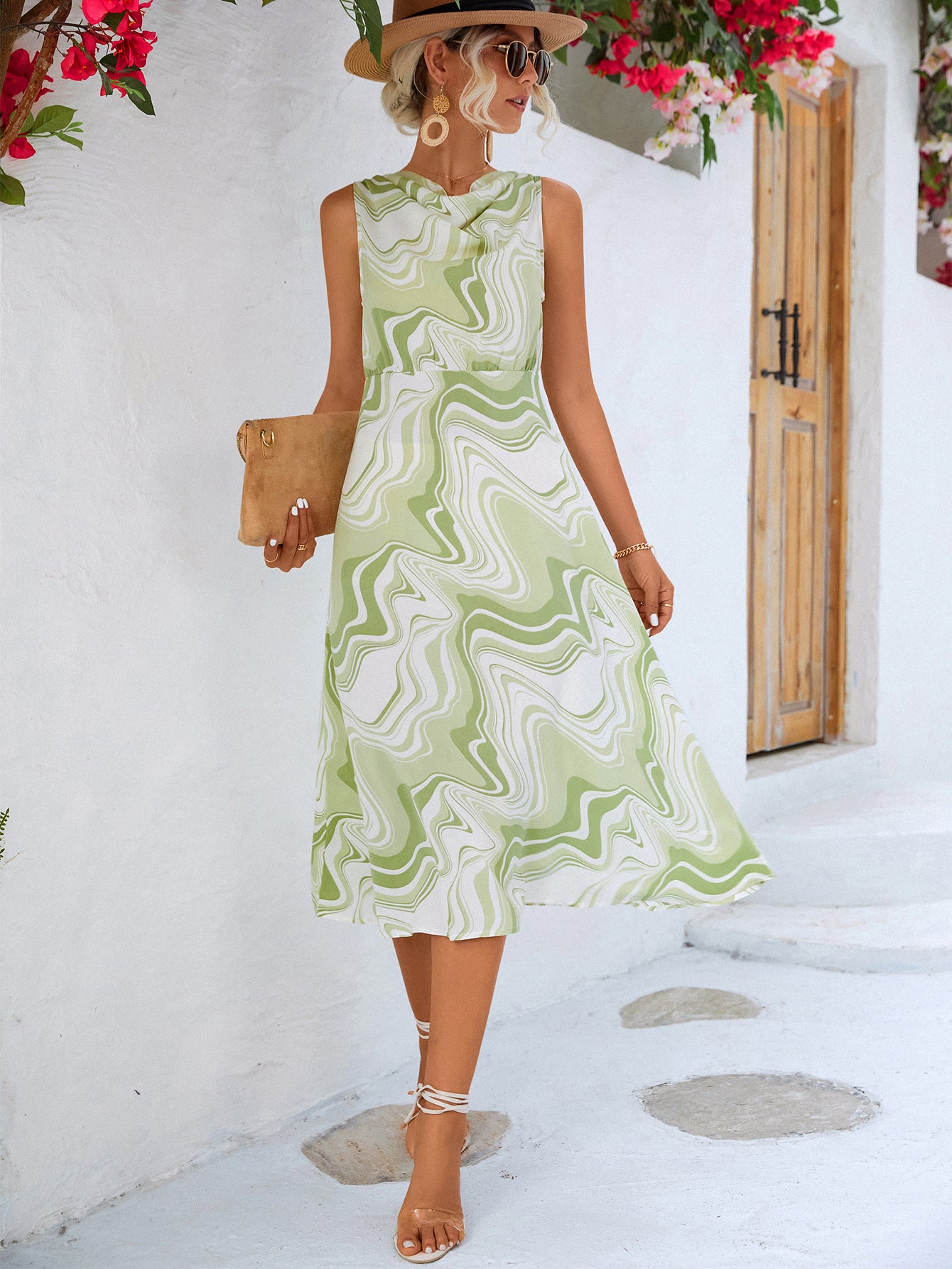 Printed Cowl Neck Sleeveless Dress  Dresses- Doll Fits